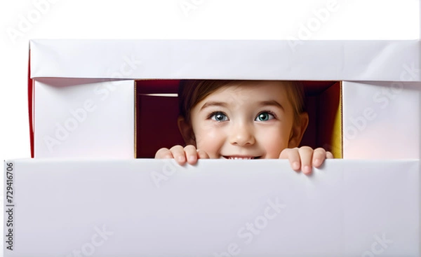 Fototapeta Child peering out of an oversized gift box, expression of joyful surprise, focus centered on the bright eyes and smile of the child. Generative AI