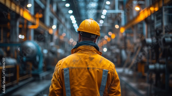 Fototapeta Industrial engineer. Rear view of an industrial engineer in a yellow hard hat and jacket surveying the manufacturing operations on a factory floor.