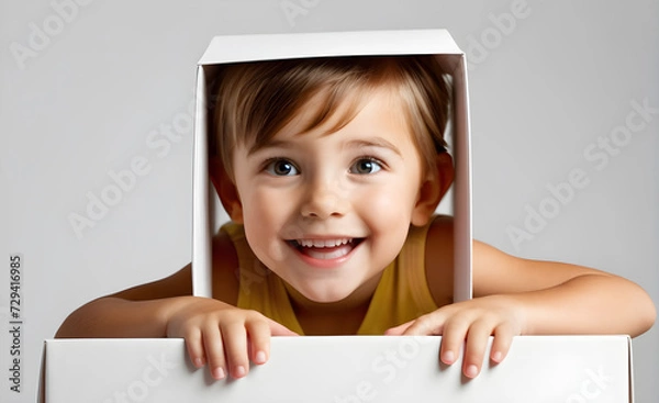 Fototapeta Child peering out of an oversized gift box, expression of joyful surprise, focus centered on the bright eyes and smile of the child. Generative AI