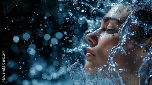 Fototapeta Close-up of a serene woman's face with clear water droplets suspended around her, symbolizing purity and skincare.
