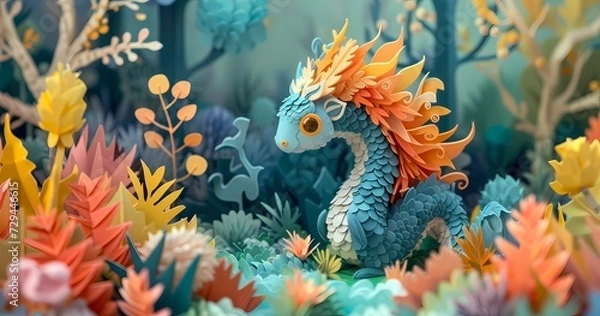 Fototapeta Captivating creation of a vibrant dragon organism crafted from paper, swimming amongst a colorful reef of fish in an enchanting aquarium