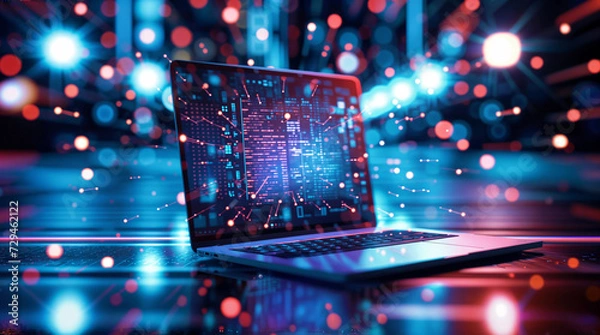Fototapeta A laptop illuminated by neon lights with night city lights on the background. Cyberpunk style image for projects about computer technologies and global networking.