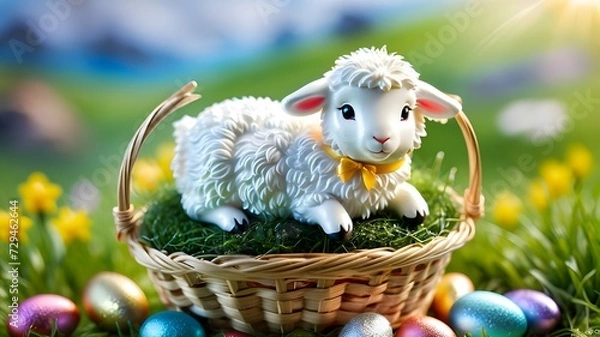 Fototapeta Easter basket with easter eggs and lamb, Generative AI