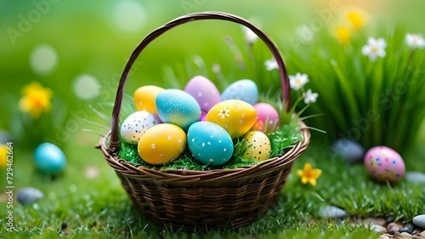 Fototapeta Easter eggs in a basket, Generative AI