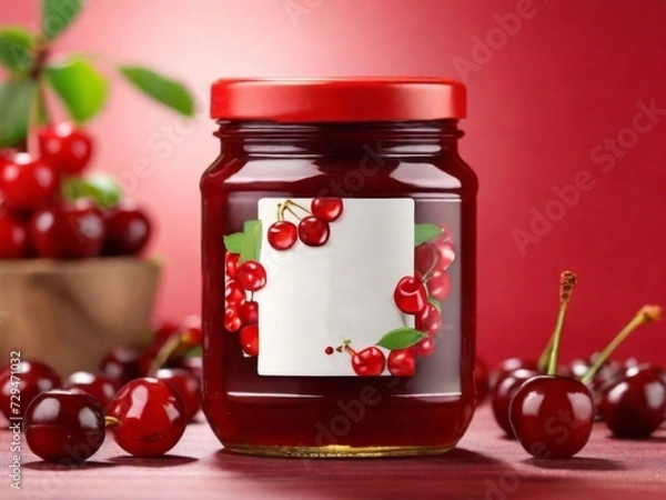 Fototapeta Sweet jar of cherry jam mockup concept, showcasing its luscious hue and irresistible appeal