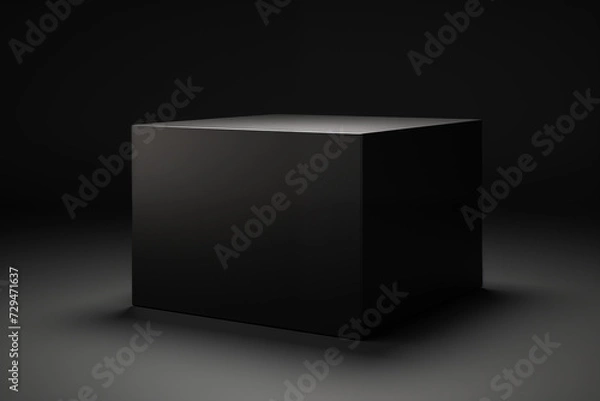 Obraz A matte black square box presented in a dramatic spotlight on a dark studio background, showcasing a modern design aesthetic