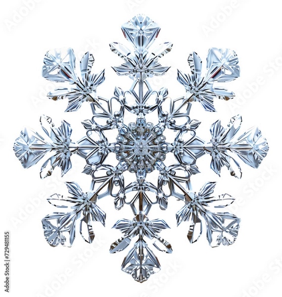 Fototapeta A 3D metallic snowflake on a white background.