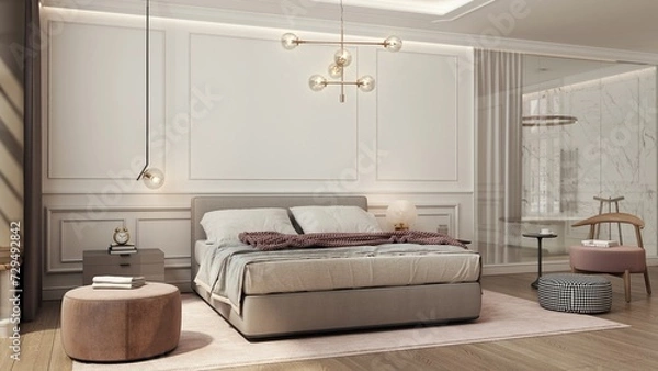 Fototapeta The bedroom interior is designed in a modern classic style with a large bed and ornaments on the walls. In the background you can see the bathroom separated by a glass wall and a curtain. 3D render.
