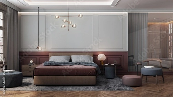 Fototapeta The bedroom interior is designed in a modern classic style with a large bed and ornaments on the walls. In the background you can see the bathroom separated by a glass wall and a curtain. 3D render.
