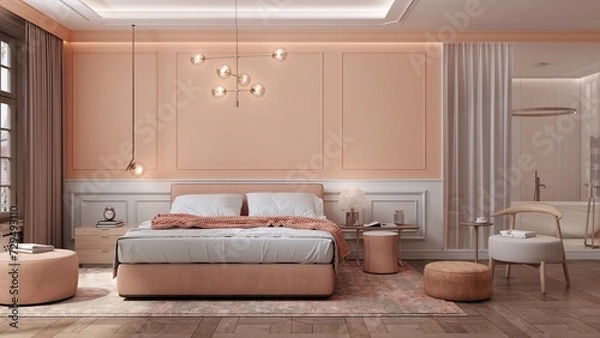 Fototapeta The bedroom interior is designed in a modern classic style with a large bed and ornaments on the walls. In the background you can see the bathroom separated by a glass wall and a curtain. 3D render.
