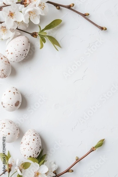 Fototapeta Pink Blue Cream Pastel Speckled Easter Egg Spring Theme Graphic Backdrop | Open Space for Text | Branches Leaves | Rustic Cottagecore Minimal Minimalist | Neutral Tones