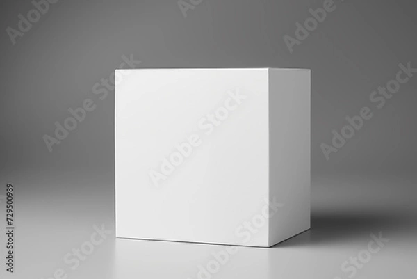 Obraz Clean white cube packaging mockup with a distinct shadow on a subtle grey studio background for branding and design
