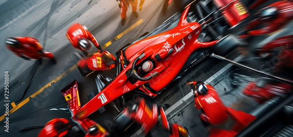 Fototapeta Professional pit crew ready for action as their team's race car arrives in the pit lane during a pitstop of a car race, concept of ultimate teamwork