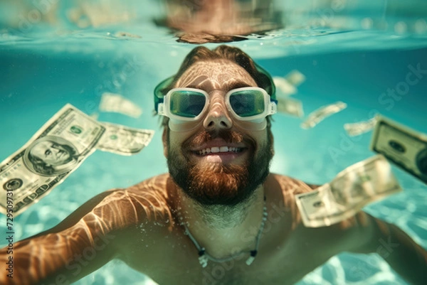 Fototapeta Rich man diving in a pool with bank notes