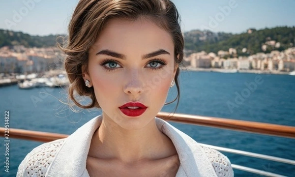 Fototapeta Siren of the Seas: Red Lips and Yacht Serenity on the Riviera