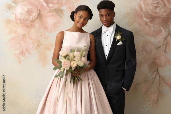 Fototapeta Elegant High School Prom Couple Posing with Flowers, Open Empty Copy Space for Text within a Poster, Invitation or Announcement, Fill in the blank, Horizontal Landscape
