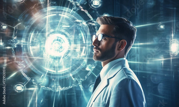 Fototapeta Male doctor in optical clinic uses futuristic diagnostic equipment and performs advanced eye examination in virtual reality with the help of artificial intelligence.