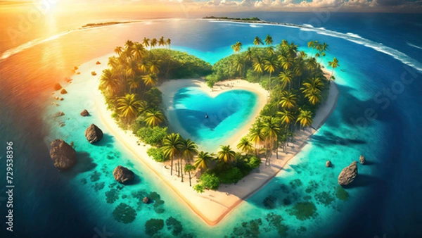 Fototapeta Heart-shaped paradisiac island in the middle of a blue lagoon with exotic beaches and palm trees