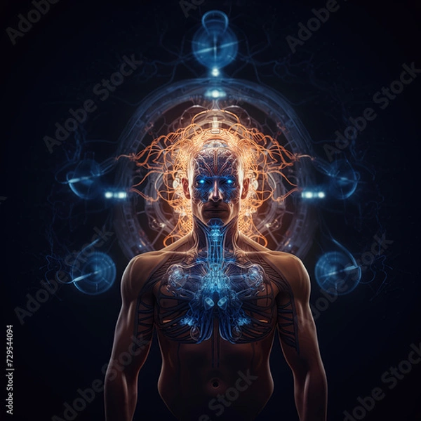 Fototapeta the human body with a organic and brain system, concept of Transhumanism, post-human