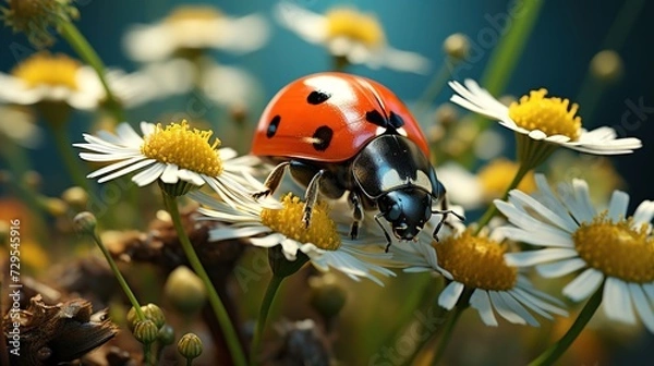 Obraz Insect Harmony: A Close-Up Wallpaper Background Displays a Ladybug Resting Contentedly on a Flower, Harmonizing with the Natural Rhythms of the Earth