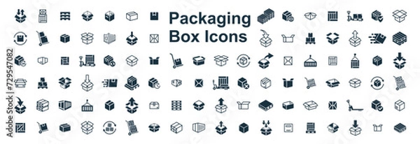 Obraz Delivery package 100 icons set on white background. online delivery service business. Parcel container, packaging boxes, web design for applications.