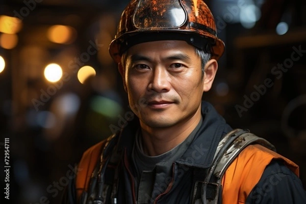 Fototapeta Technical Mastery: An Asian Industry Maintenance Engineer Stands as a Symbol of Technical Proficiency and Excellence in the Industrial Maintenance Field