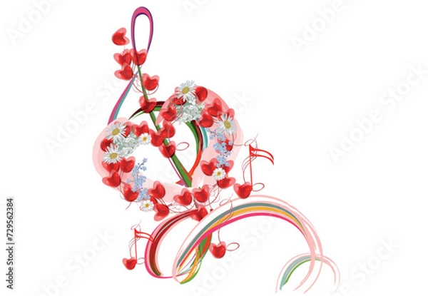 Obraz Abstract musical design with a treble clef and musical flowers, notes and hearts. Love music. Hand drawn vector illustration.