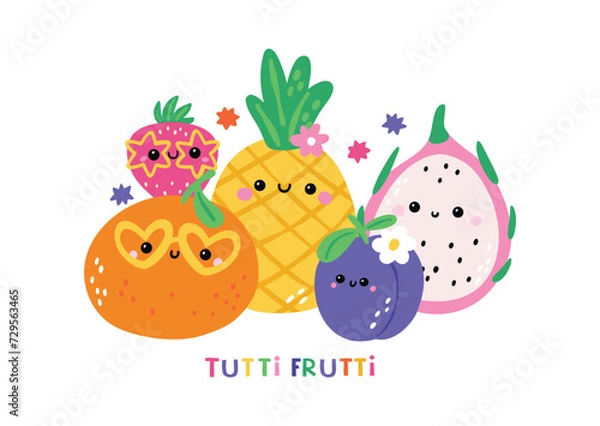 Fototapeta Summer cartoon Fruits in flat style isolated white background. Childish print with fruit characters. Tutti frutti illustration