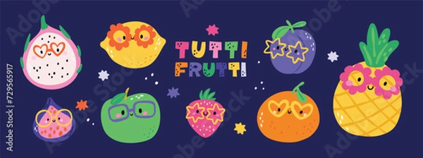 Fototapeta Summer fruits collection. Cute lemon, pineapple, fig, apple, strawberry, orange, plum characters set. Funny exotic fruit in sunglasses. Tutti frutti set