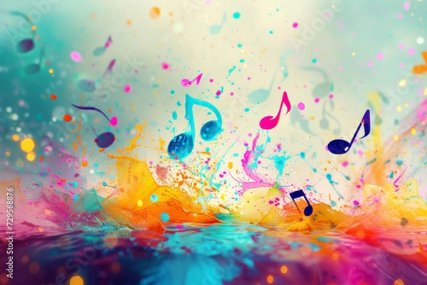 Fototapeta An image featuring vibrant music notes in various sizes overlaying colorful splashes of paint in a dynamic composition, with a blurred background addi