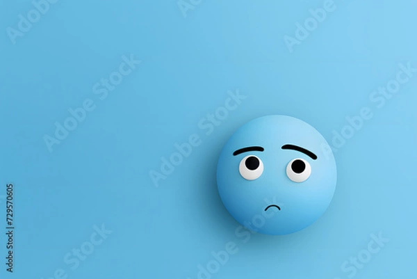 Fototapeta Light blue background with a melancholic emoji face, symbolizing the 'Blue Monday' feeling. -  Generative AI,
