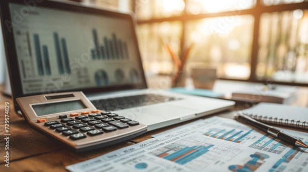 Fototapeta An office desk of an accountant or financial advisor with calculator, laptop and financial documents and charts