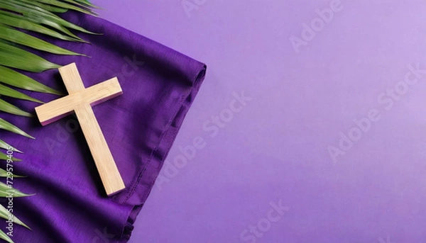 Fototapeta Wooden cross with Bible, palm leaf and purple cloth on color background. Good Friday concept