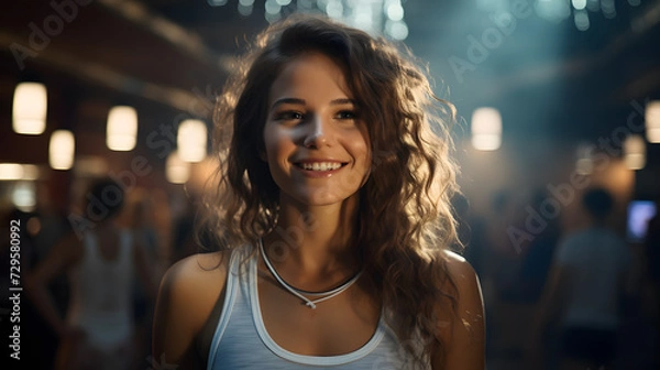 Fototapeta A fashionable woman with long, layered hair and a bright smile looks confidently at the camera, radiating a sense of joy and style on the bustling street
