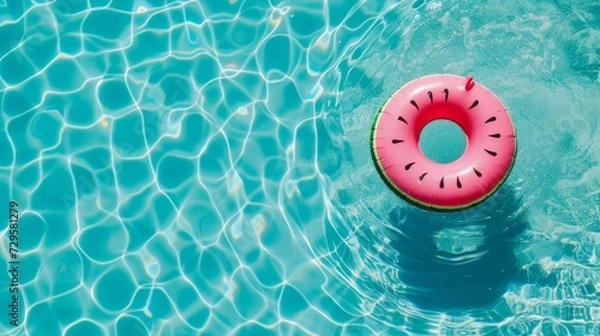 Fototapeta Top view of colorful inflatable ring watermelon toy in swimming pool water from above, Generative Ai
