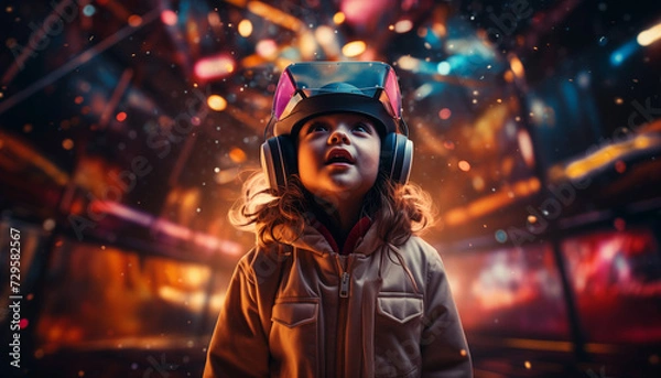 Fototapeta Happy young child wearing a virtual reality headset on a bokeh lights background, AI generated image