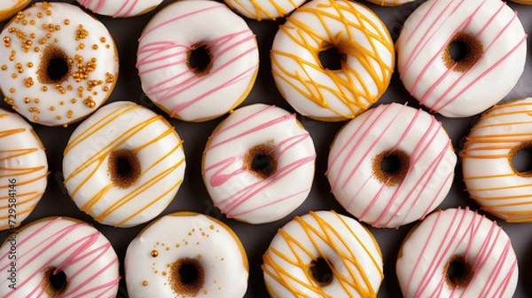 Obraz Top view of many delicious donuts in yellow, white, pink. Delicious food background