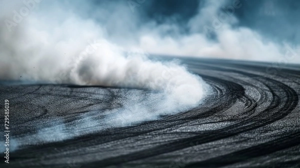 Fototapeta Aerial view abstract background with tire marks and smoke on race track. Generative Ai