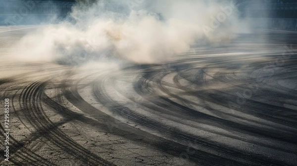 Fototapeta Aerial view abstract background with tire marks and smoke on race track. Generative Ai
