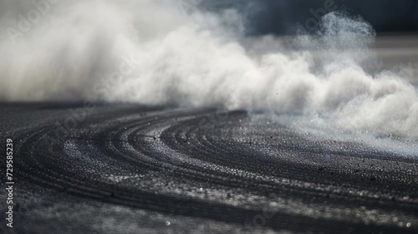 Fototapeta Aerial view abstract background with tire marks and smoke on race track. Generative Ai