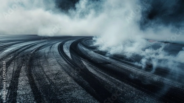 Fototapeta Aerial view abstract background with tire marks and smoke on race track. Generative Ai