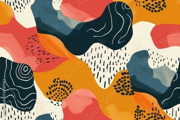 Fototapeta Seamless background with abstract shapes and organic patterns, bold colors, dynamic lines and asymmetric designs.