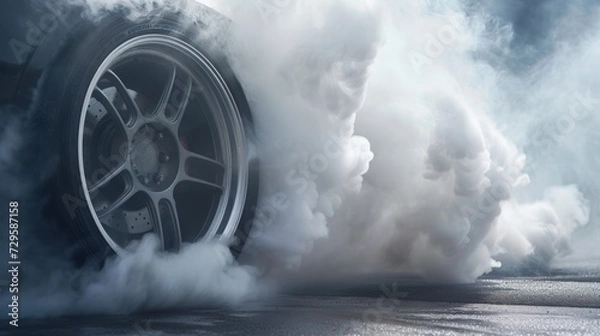 Fototapeta Car burnout wheels tire with white smoke, Blurred image diffusion race drift car with lots of smoke from burning tires on speed track. Generative Ai