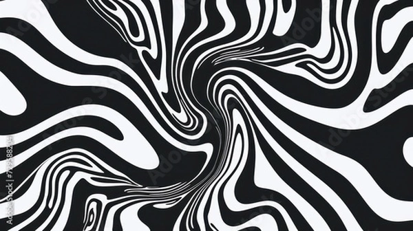 Fototapeta A black and white 2D contour showcases waves, swirls, and twisted patterns in a trendy retro psychedelic style, producing a twisted and distorted flat texture. This simple monochrome image represents 