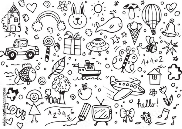 Obraz Kids doodles, hand drawn elements on white background
