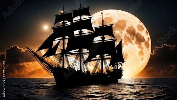 Fototapeta A ship at sea against the full moon. Sailing ship against the background of the moon.