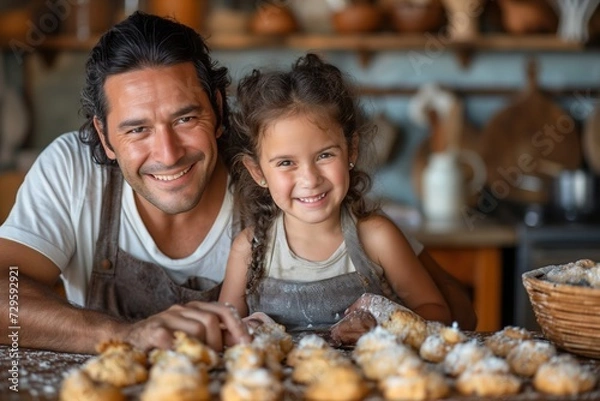 Obraz A man and a little girl are sitting at a table after cooking, engrossed in a conversation.