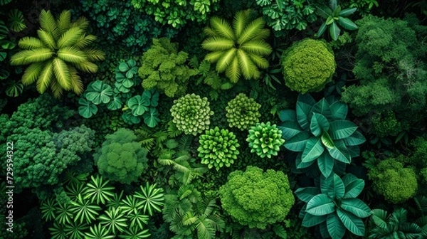Fototapeta Top-Down View of Vibrant Green Plants: A Symphony of Shapes and Shades