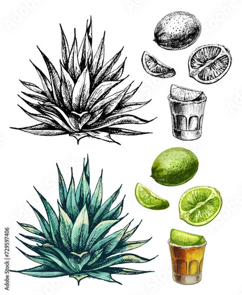 Obraz Cactus blue agave. Vector vintage hatching color illustration. Isolated on white