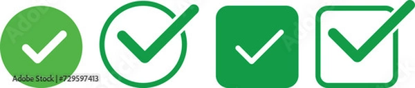 Fototapeta Green tick icons collection. Flat round check mark green icon, button. Tick symbol isolated on white background. Vector illustration